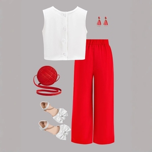 Abiti estivi coreani alla <span class=keywords><strong>moda</strong></span> 2025 con fiocco di perle T Shirt senza maniche pantaloni dritti per bambini 2 pezzi - Product Image 2