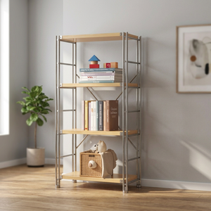ชั้นวางหนังสือโลหะอุตสาหกรรม 4 ชั้น พร้อมชั้นวางไม้สำหรับห้องนั่งเล่น - Product Image 4