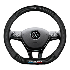 Poignées de guidon en cuir artificiel en fibre de carbone série Volkswagen, logo 5D en relief, emblème de voiture pour housse de <span class=keywords><strong>volant</strong></span> électrique - Product Image 5