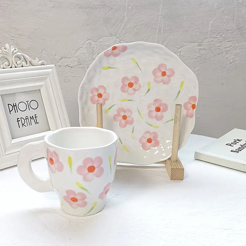 Hot Selling Ceramic mug Handmade Painted Irregular Breakfast Milk Cup Flowers Tea Cup And Saucer