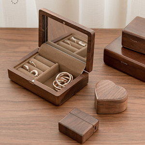 High Grade Solid Wood Walnut Ring Box Ring Storge Case Wood Jewelry Storage Box With Mirror