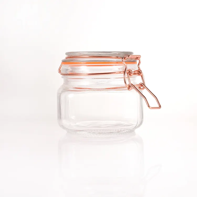 glass airtight jar canister with copper and gold color wire clip