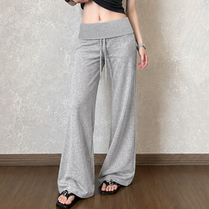 Pantalon évasé décontracté taille basse avec cordon de serrage, taille élastique, ourlet retroussé, léger, coupe ample, style Y2K streetwear pour l'été - Product Image 4