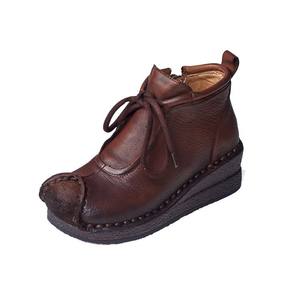 รองเท้าบูทหนังวัวทำมือสไตล์เรโทรสำหรับฤดูใบไม้ร่วงและฤดูหนาว ส้นแบบลิ่ม พื้นนุ่ม ด้านข้างนุ่มสบาย รองเท้าคุณแม่ กันน้ำ ความสูงระดับเข่า เพิ่มความสูง - Product Image 5