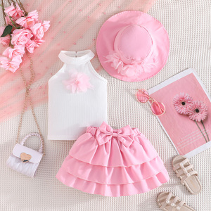 Ensemble de vêtements pour filles, haut sans manches à fleurs élégant et décontracté, jupe à nœud avec chapeau, ensemble en laine doux à trois pièces - Product Image 1