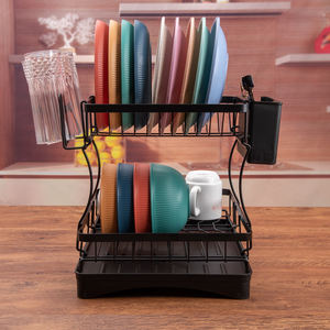 Escorredor de Louça de Metal Preto de 2 Níveis com Suporte para Copos e Talheres, Escorredor de Louça de Bancada para Pratos, Tigelas e Copos - Product Image 6