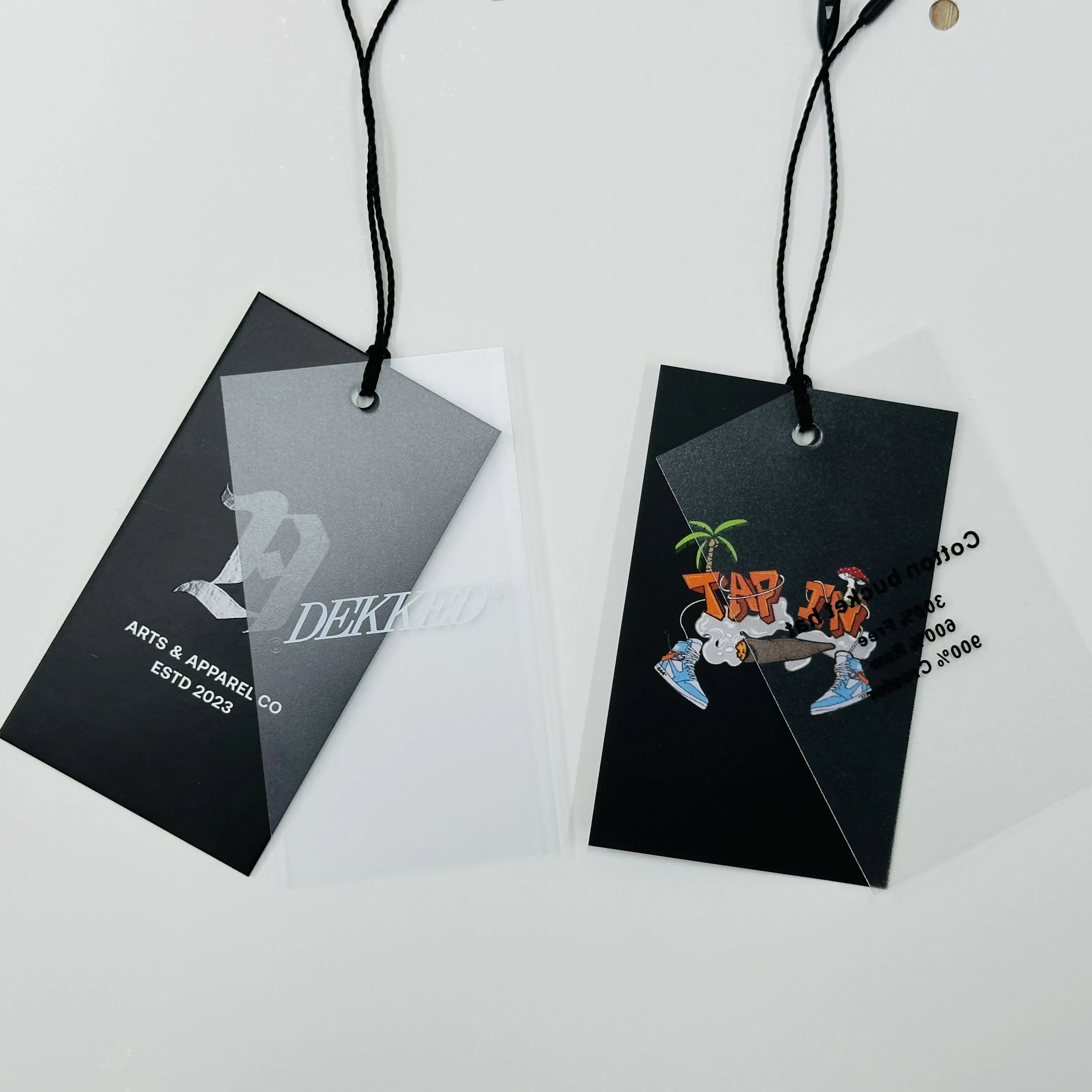 Custom Printed Logo Clear PVC Hang tags Garment Clothes HangTags, Luxury Paper Frosted PVC Clothing Tags and String Swing Tags