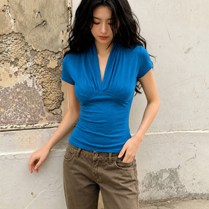 Camiseta de Verano para Mujer, Nueva, Azul, con Parches, Tejida, de Manga Corta, Cuello en V, Plisada, Ecológica, Anti-UV, Informal, para Oficina y Trabajo - Product Image 6