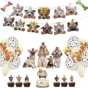 Conjunto de chapéus de cachorro balão, bandeira de bolo, brinquedo para cães, aniversário, festa
