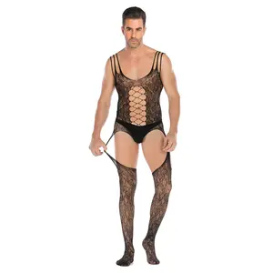 Male Sexy Hollow Out Jumpsuits Black Erotic Fishnet Lingerie Plus Size Men Transparent Underwear