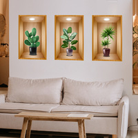 Stiker Dinding 3D Vas Tanaman Bunga 1 Meter, Dekorasi Triptych untuk Dinding, Pintu Masuk, Ruang Tamu, Terbuat dari PVC Modern