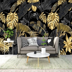 Black Gold Palm Leaf Custom Printed Wallpaper Tropical Leaf 5d Mural Dark <strong>Background</strong> - Product Image 5