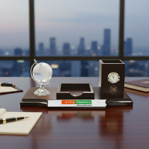 ที่จัดระเบียบโต๊ะทำงานผู้บริหารแบบไม้ พร้อมที่ใส่ปากกา นาฬิกา และลูกโลก ของตกแต่งโต๊ะสำนักงานสำหรับใช้ในองค์กร - Product Image 1