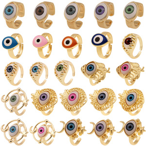 Anillo de Ojo Turco de Cerámica ODM, Anillo Ajustable con Baño de Oro y Piedras Preciosas para Mujeres y Hombres - Product Image 1