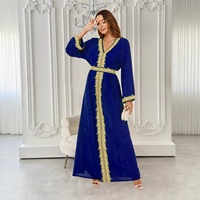 Kaftan Abaya musulman élégant en polyester avec bordure dorée multicolore, col en V, manches longues, robe maxi style Dubaï