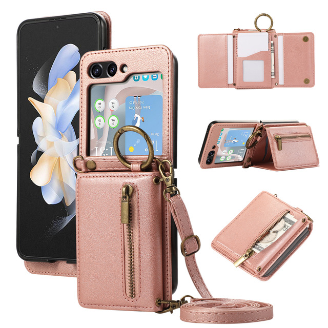 For Samsung Z Flip 7 Wallet Case With Lanyard PU Leather Necklace Crossbody Strap Ring Stand Phone Cover for Galaxy Z Flip 4 5 6
