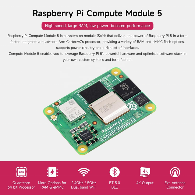 Official New Raspberry Pi Compute Module 5 CM5 Cortex A76 BCM2712 Development Board Options RAM / EMMC / Wireless
