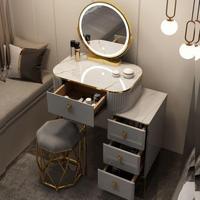Ensemble de coiffeuse de luxe en bois avec miroir rond éclairé, bureau de maquillage moderne pour chambre à coucher avec armoire de rangement latérale et tabouret
