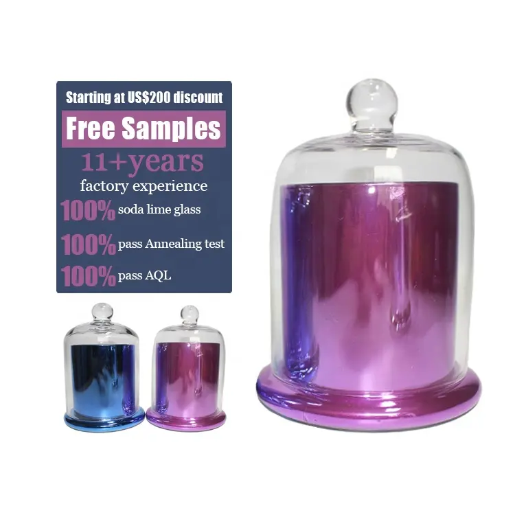 LANGXU luxury glossy purple copper color candle holder purple blue silver gold candle bell jar glass with domed lid high quality