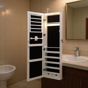 Gabinete de Joyería con Espejo, Montado en la Puerta, Color Blanco, con Luz LED, Organizador con Cerradura para Baño - Product Image 2