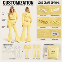 Ensemble de survêtement athleisure personnalisé pour femme, 2 pièces, en mélange de coton, comprenant un sweat à capuche court zippé et un pantalon évasé, modèle vierge
