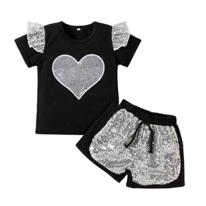 Fábrica profesional de manga corta tela de algodón color plata <span class=keywords><strong>Hart</strong></span> lentejuelas verano niñas conjuntos - Product Image 1