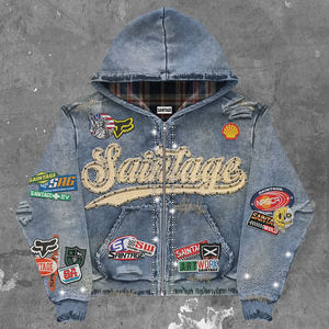 हुइली एक स्टॉप कस्टमाइज्ड विंटेज धोया मोटी कपास जिप-हुडी पुरुषों एपलिक पेचदार परेशान कढ़ाई गैंडा गुडी - Product Image 1