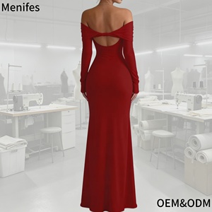 <span class=keywords><strong>Robe</strong></span> longue moulante élégante et sexy rouge à épaules dénudées et manches longues pour femme, idéale pour les soirées et les fêtes, vente en gros, haute qualité - Product Image 2