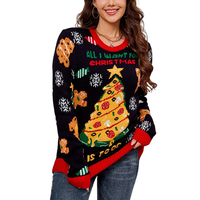Pull décontracté pour femme en maille lâche motif sapin de Noël, style streetwear, avec contraste de couleurs et jacquard de Noël