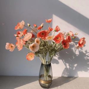 Quattro fiori di papavero artificiali in tessuto di seta floccato in rosa corallo per la casa e il soggiorno decorazioni matrimoni e scenario dell'hotel - Product Image 1