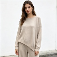 vêtements femme, ensemble 2 pièces tricot ample, pull col rond beige, pantalon large printemps automne