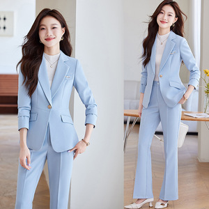 Women's Suit Set Light Blue Three Quarter Sleeve Office Lady Spring Anti-Wrinkle Polyester Worsted Fabric - Product Image 1