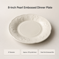 Assiette à dîner en céramique vintage de 8 pouces avec nœud en relief, bord ondulé perlé blanc, assiette à dessert et à salade en porcelaine pour la décoration de table à la maison