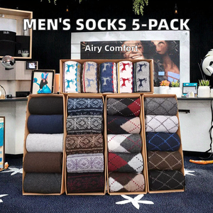 Lot de 5 paires de chaussettes d'affaires respirantes à motif losanges pour hommes avec revers logo – Idéales pour l'automne - Product Image 3