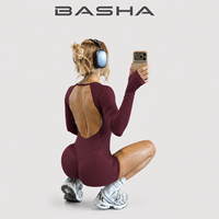 Combinaison de yoga sans couture pour femme BASHAsports avec logo personnalisé, dos nu, manches longues, combinaison de sport à séchage rapide
