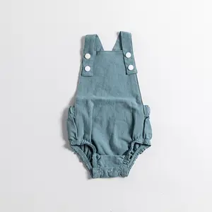 Pakaian Bayi Katun Muslin Organik Musim Panas Celana Tali Baju Monyet Tanpa Lengan dengan Saku Bodysuit Bayi Solid