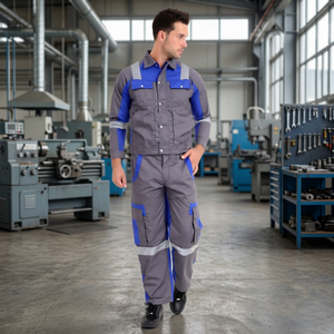<b>Men's</b> Reflective Work Uniform Set Grey Blue <b>Long</b> <b>Sleeve</b> <b>Shirt</b> Cargo Pants Safety Jacket - Product Image 3