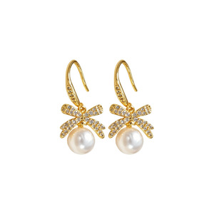 Pearl Stud Earrings For Women Gold Tone With Rhinestone <b>Bow</b> <b>Clip</b> On Earrings Fashion Geometric Design Gift Jewelry - Product Image 5