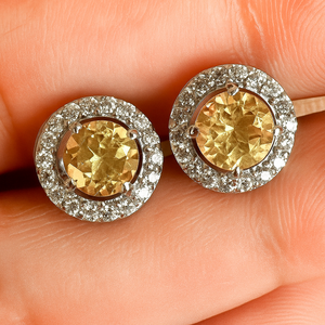 ต่างหูเงินแท้ชุบโรเดียมประดับพลอยซิทรินทรงกลม ประดับเพชร CZ รูปทรงวงแหวน สำหรับงานปาร์ตี้และโอกาสต่างๆ - Product Image 1