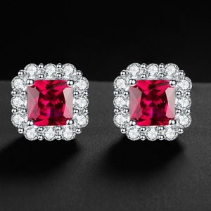 Fashion Statements Jewelry Eco-friendly Copper Silver Plated 7*7mm Red Zircon Geometric Square Earrings for Women - Product Image 2