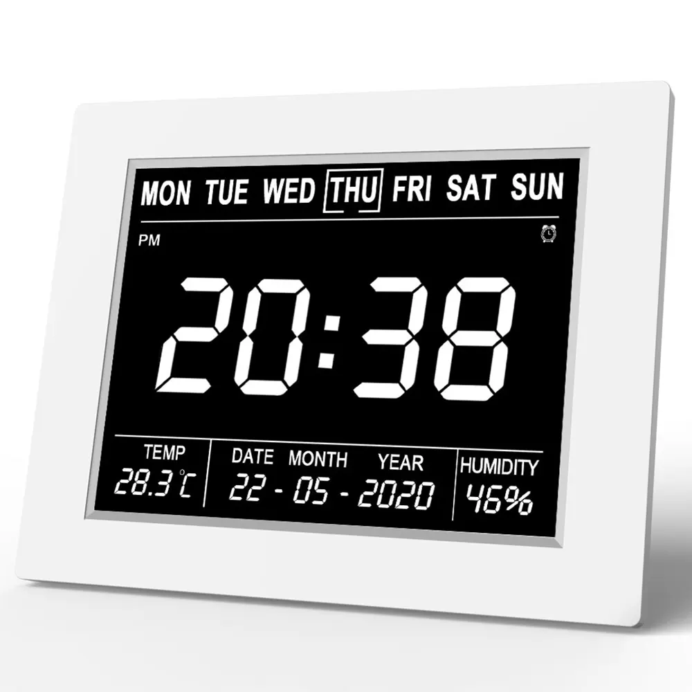 Digital Calendar Alarm Clock 8 Inch Large Screen 5 Alarms for Vision Impaired Seniors Dementia for desks wall-mounted