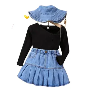 ชุดกระโปรงยีนส์สำหรับเด็กผู้หญิงชุด3ชิ้นเสื้อคอวีสำหรับฤดูใบไม้ร่วง