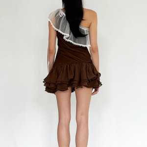 Nouvelle <span class=keywords><strong>Robe</strong></span> de Soirée Élégante Marron pour Femme, Modèle OEM, à Volants Asymétriques, avec Dentelle Transparente et Ruban à Nouer - Product Image 2