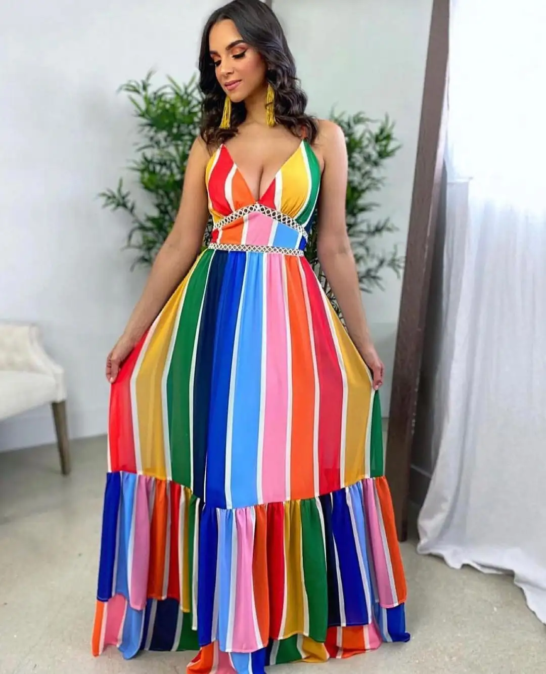 Spring Summer Fashion Colorful Rainbow Striped Print Sling Sleeveless Ladies Maxi Length Dress Women