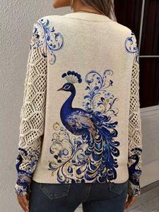 Pull en maille imprimé paon pour <span class=keywords><strong>femme</strong></span>, collection Printemps 2026, col en V, manches longues, avec empiècements en maille, 100 % polyester, imprimé numérique - Product Image 3