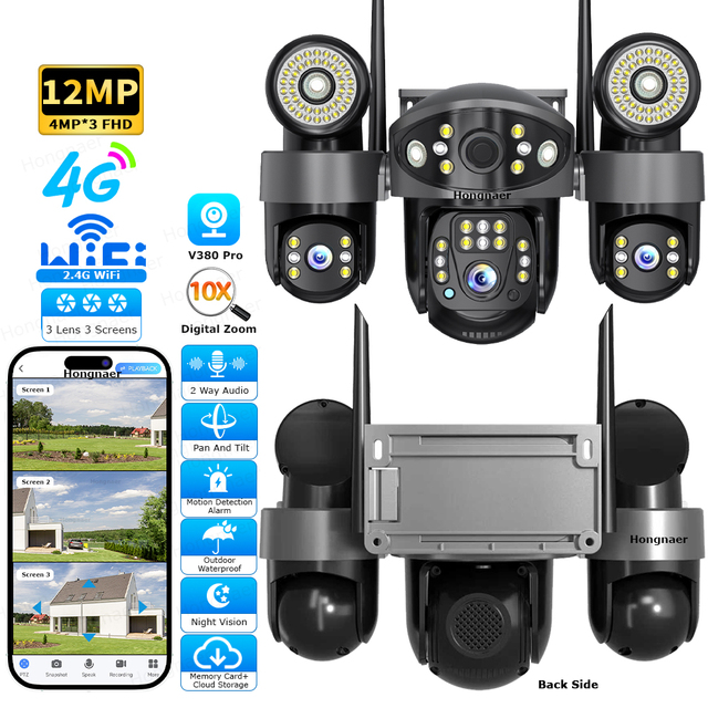 Hongnaer 12MP V380 Pro 4G LTE WiFi CCTV Security Network Camera With Smart Floodlight 3 Lens 360 PTZ for Outdoor Home and Yard