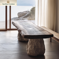 Table à thé et à dîner en pierre et marbre d'inspiration zen Wabi-Sabi rétro avec design antique, table basse et chaises, meubles pour la maison