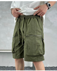 Shorts cargo décontractés en coton polyester tissé, mi-respirants, à taille élastique, 6 poches, teinture unie, pour hommes, pantalon mi-long - Product Image 4