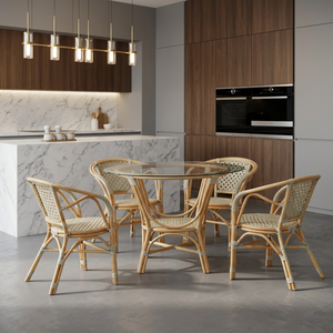 Ensemble de salle à manger 4 pièces Pelangi Bistro, style artisanal asiatique, chaises et table en rotin massif, confortables, pour intérieur et extérieur - Product Image 1