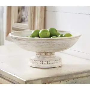 Mud Pie Beaded Wood Pedestal Bowl White